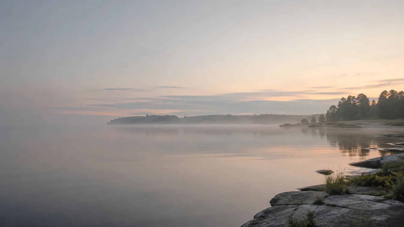 The lake in soft mist at first light, seen from the shore at Lumen