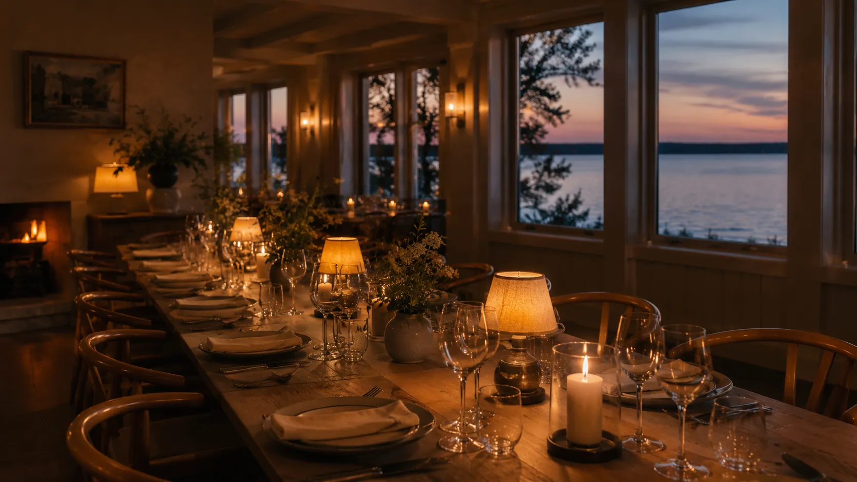 The long communal dinner table set on the terrace at dusk