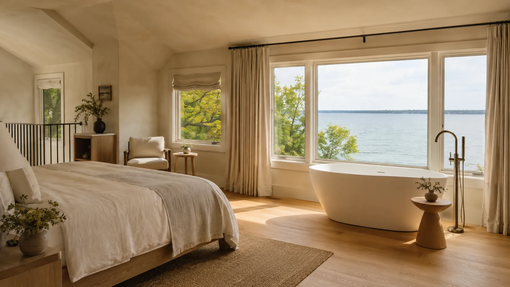 A Shore Suite upstairs, with a long view of the water and a freestanding tub