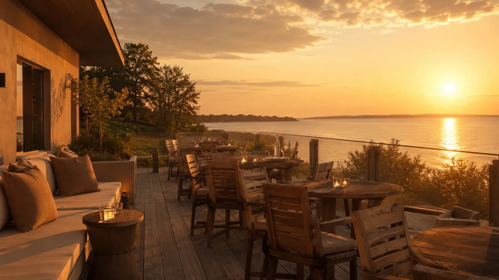 The terrace as the late-day light turns the whole house amber